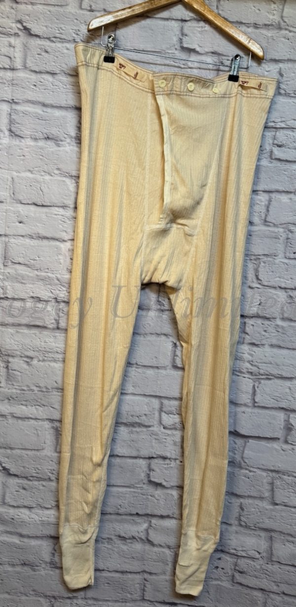 VINTAGE Military issue Long Johns w/ Brace Tapes. button front and adjustable. Cream/Natural